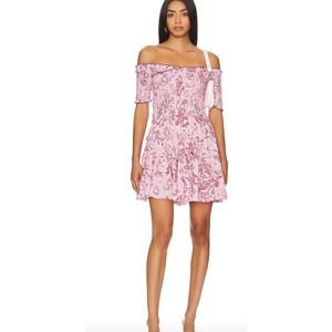 Poupette St Barth Soledad Dress Medium‎ Pink Floral Smocked Ruffle Mini Resort